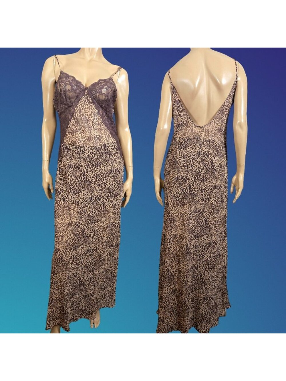 Vintage Y2K Leopard Lace Chiffon Maxi Slip Dress Size XL Semi Sheer Open Back